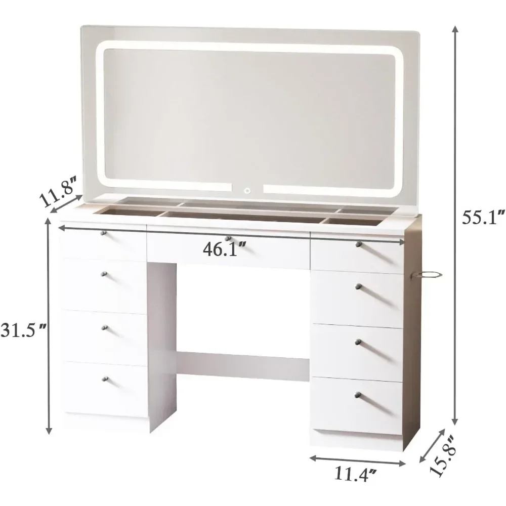 Vanity Makeup 46 INCH Makeup Vanity with Mirror Lights Dressers 9 Drawers