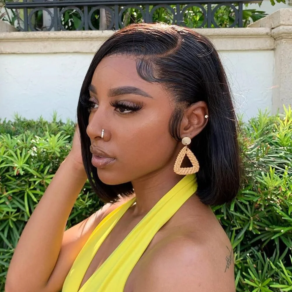 Pelucas sin pegamento 7x5, cabello humano prearrancado, prearrancado, encaje frontal HD, pelucas sin pegamento, cabello humano 180% de densidad, pelucas Bob cortas y rectas