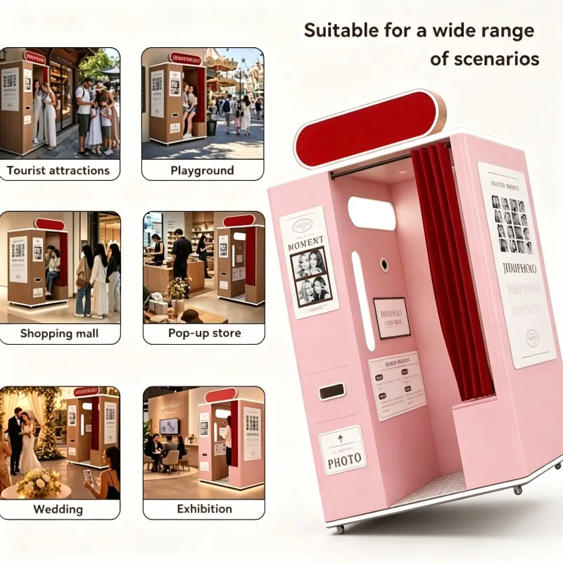 Self-service Instant Photo Booth with Printer and Camera Blue Photo Booth Customized for Trade Exhibitions Photo Booth Station