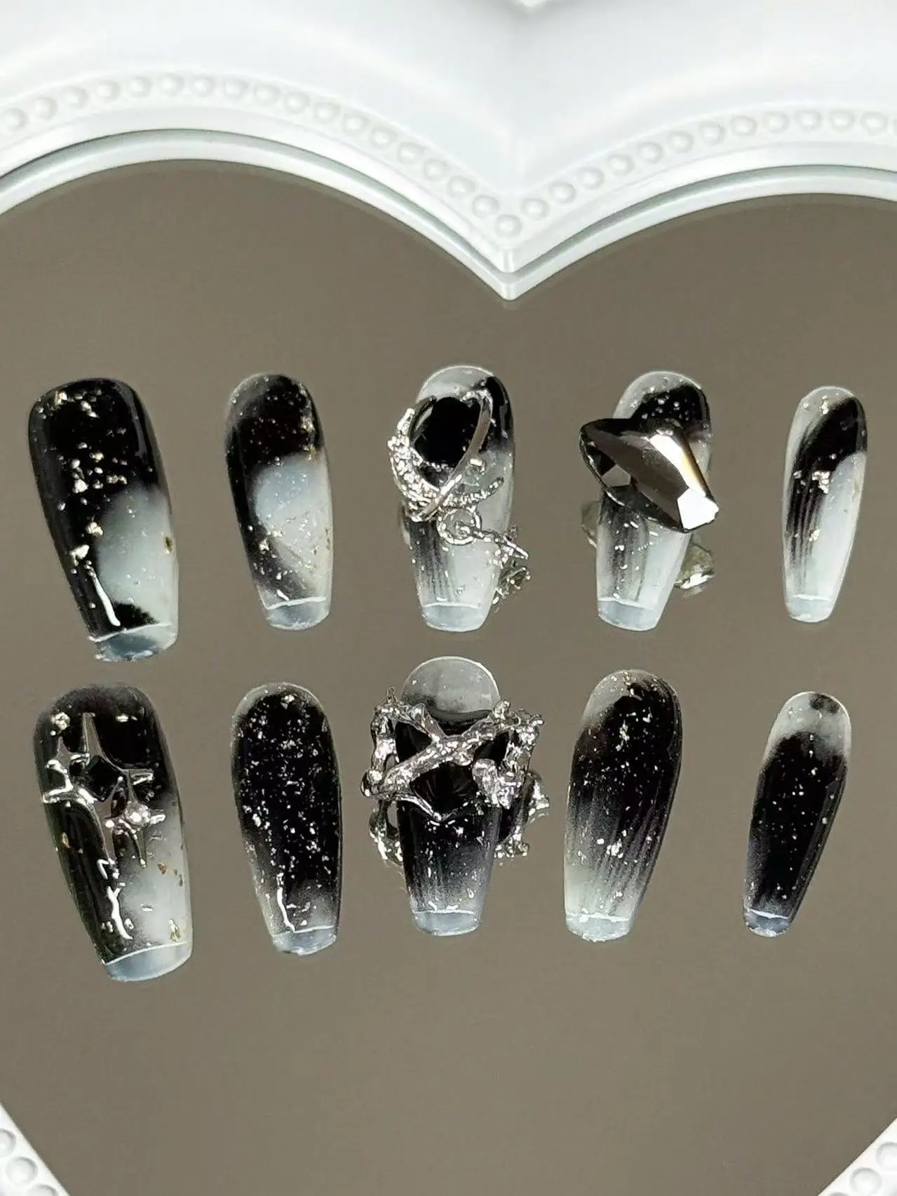 10 Pieces of Punk-Style Long Trapezoidal Handmade Nails, Suitable for Y2K Millennial Hot Girls, Punk Subculture, Halloween Looks, Dark Leather Outfits, Street Fashion Photoshoots, and Everyday Wear for Cool and Stylish Women.