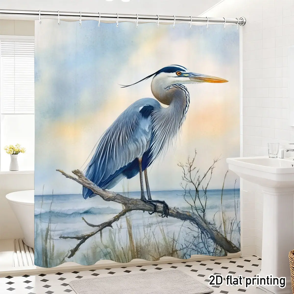 Great Blue Heron Shower Curtain, Realistic Bird Print Waterproof Bathroom Decor, Nature Wildlife Home Bath Screen
