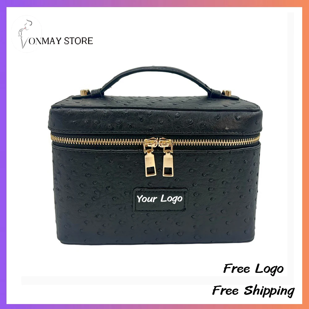 Private Label Makeup Bag Custom Logo Small Square Bag Cosmetic Toiletrie Ostrich Print Leather Handbag High-end Feel Makeup Tool