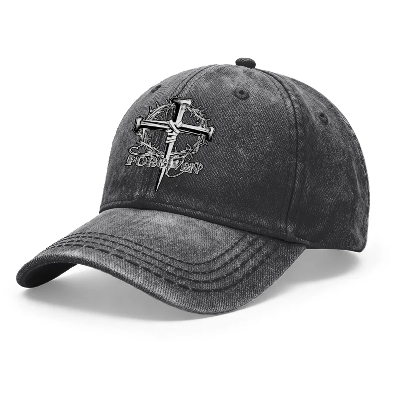 1pc of Vintage Washed Unisex Baseball Caps Featuring a Cross with a Crown of Thorns And The Word 'Forgiven'. It Has a Retro