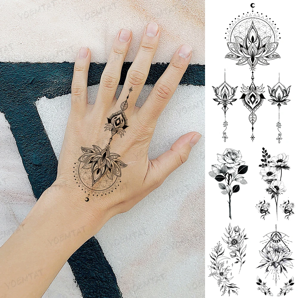 

Waterproof Temporary Tattoo Sticker Black Henna Lace Arabian Lotus Totem Flower Flash Tatoo Women Finger Body Art Fake Tatto Men