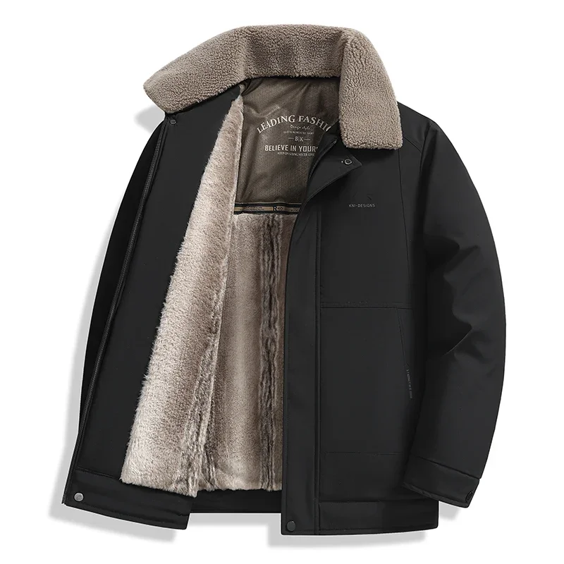 Men's Winter Coat Fur Collar Brown Thick Sherpa Lined Jacket Button Up Thick Warm Padded Outerwear for Father Dad Casual 2666