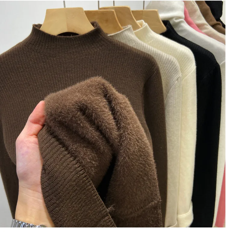 Roll kragen pullover Winter pullover Frauen elegant verdicken Samt gefüttert warm Sueter gestrickt Pullover schlanke Tops Jersey Strick pullover neu – Detail 3