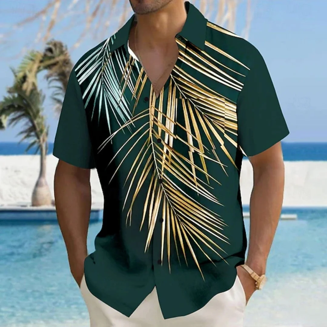 メンズシャツリーフグラデーションスタイル夏アウトドアファッション半袖トップスリーフプリントスタイル大きいサイズルーズ紳士服シャツ