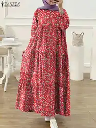 ZANZEA Elegancka damska jesienna sukienka muzułmańska z długim rękawem Hidżab Sundress Robe Femme Bohemian Maxi Long Vestidos Kaftan Oversize 2024