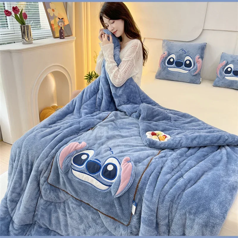 Stitch Arctic Velvet Autumn and Winter Warm Quilt Lucifer 2-in-1 Office Nap Blanket Mickey Minnie Car Blanket Pillow Child Quilt