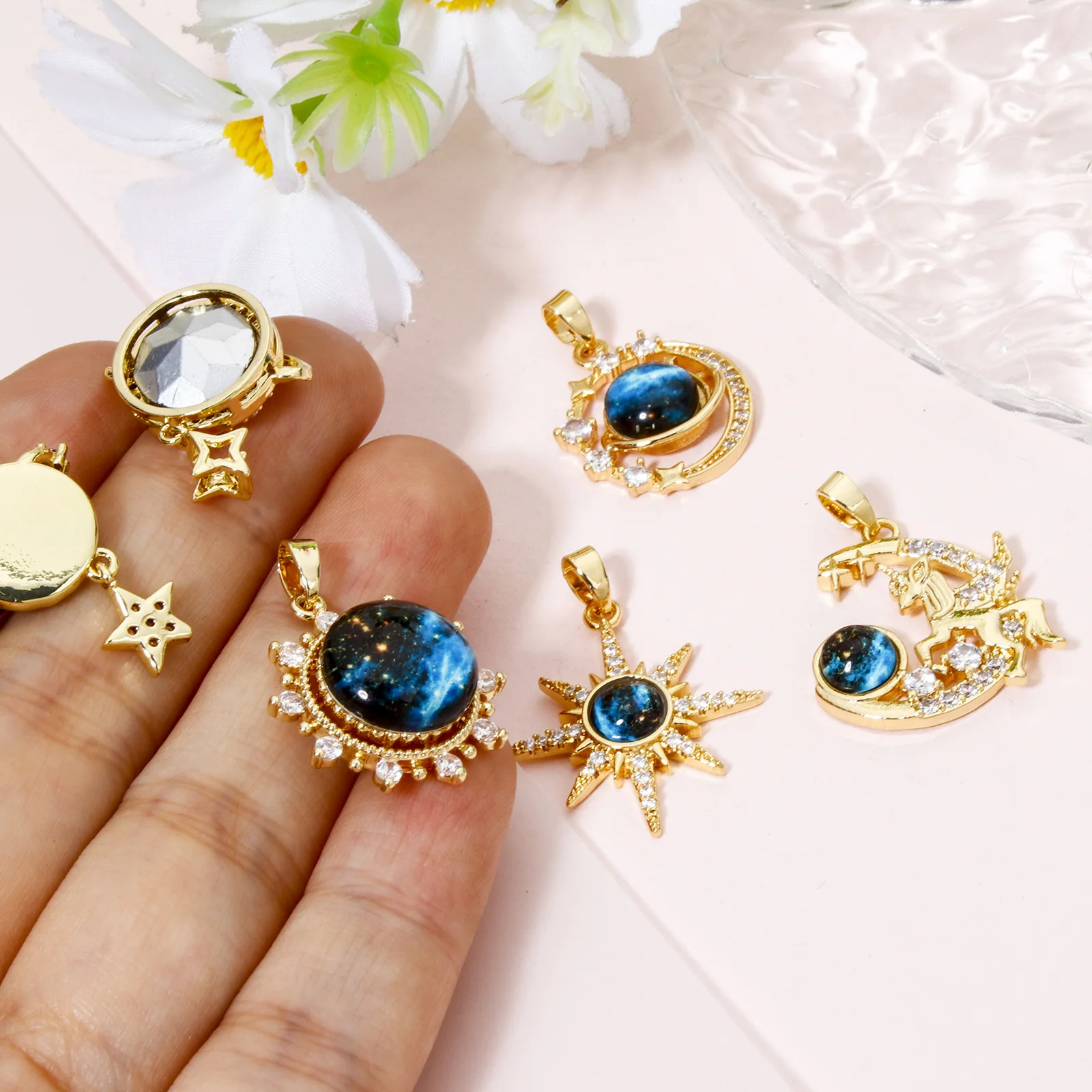 1pc Brass Charms Gold Color Galaxy Sun Moon Multicolor Glass Cabochons Pendant DIY Necklace For Women Party Jewelry Findings