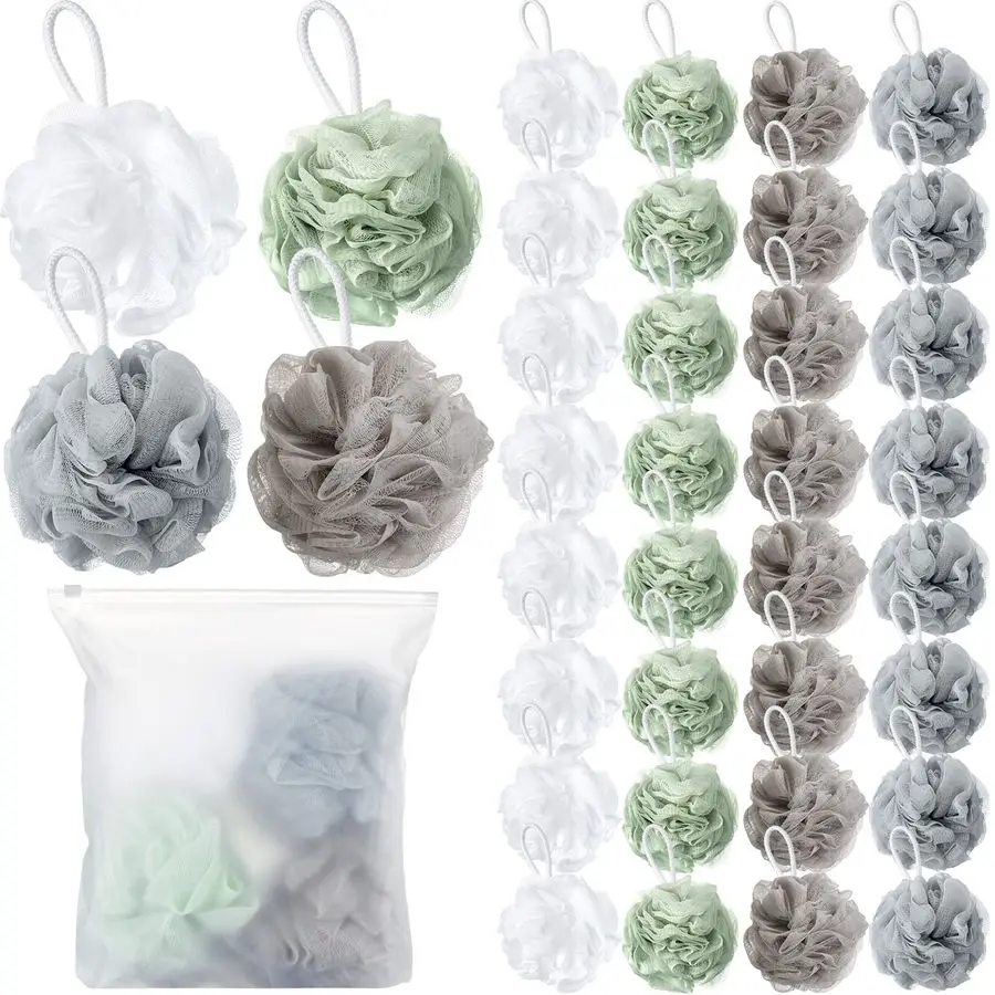 

32 Pcs Bath Sponge Shower Loofahs Bulk 60 g Charcoal Large Mesh Puff Soft Scrubber for Men and Women Exfoliating Shower Pouf Bal