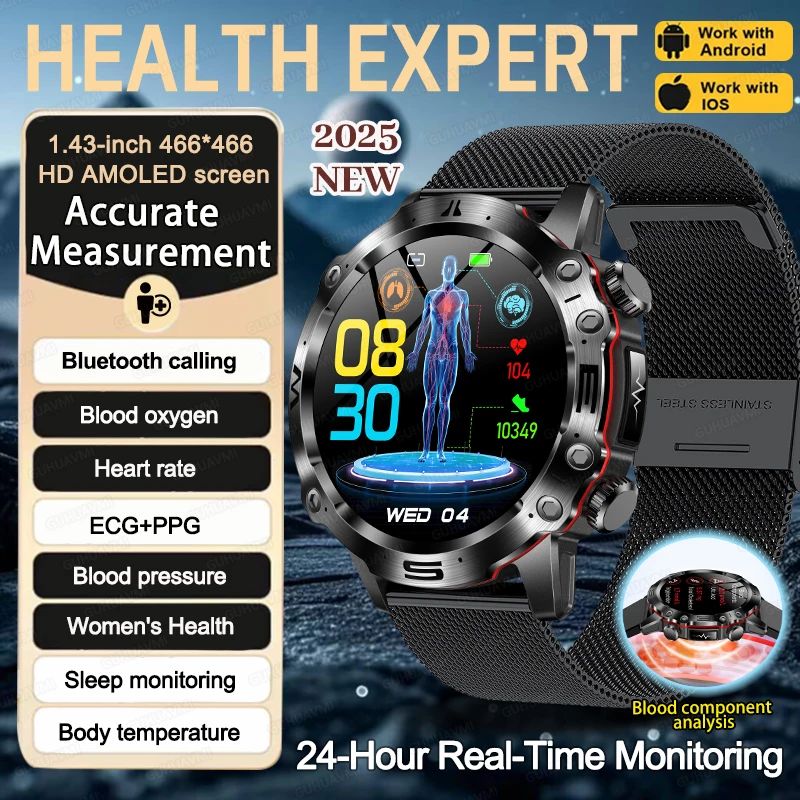 

2025 Новый помощник по здоровью, липиды в крови, мочевая кислота, умные часы для мужчин, ЭКГ + PPG, фитнес-трекер, часы, Bluetooth-вызов, спортивные умные часы