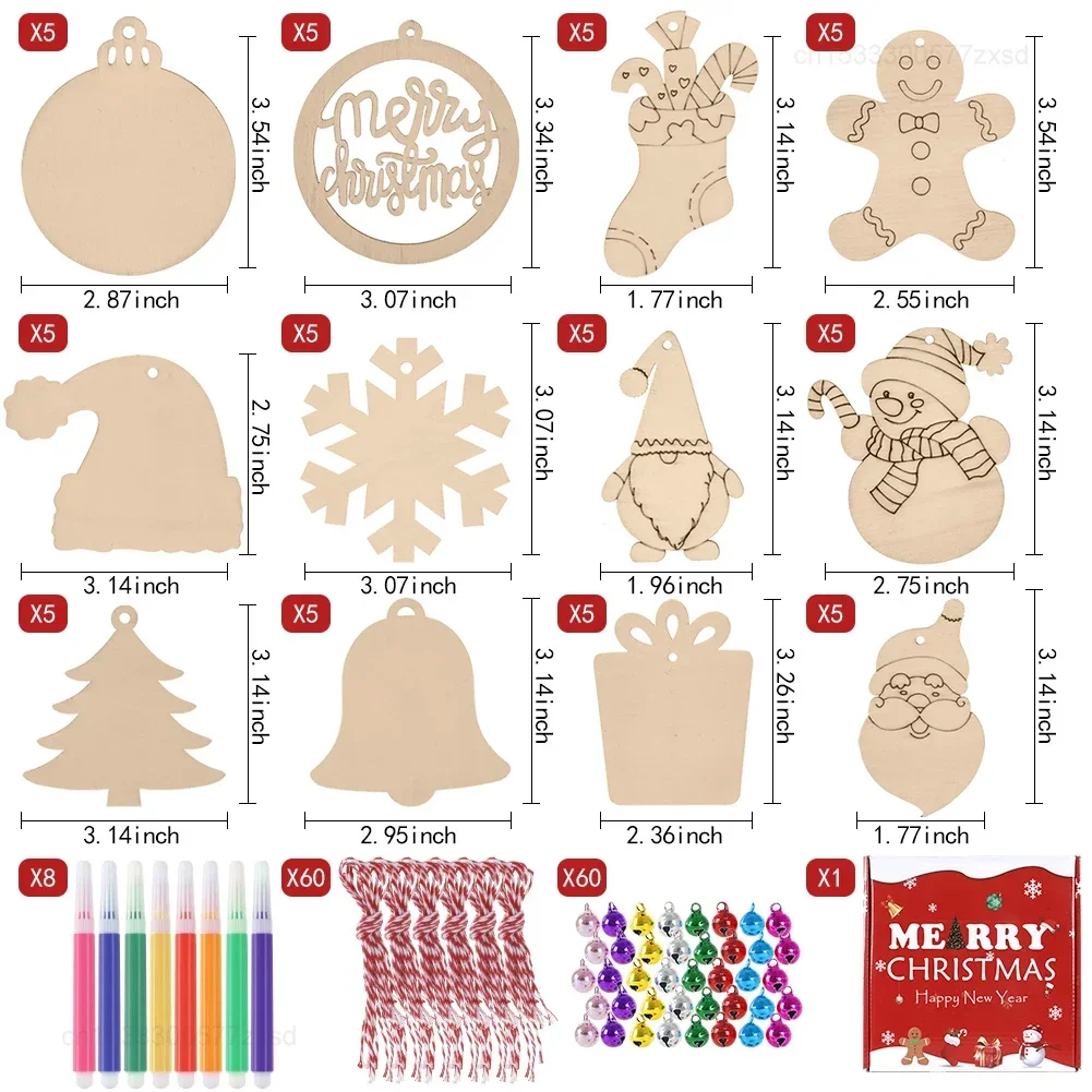 60Pcs Christmas Natural Wooden Chip Santa Claus Snowflake DIY Crafts Set Xmas Tree Hanging Ornament Pendant for Home Decorations