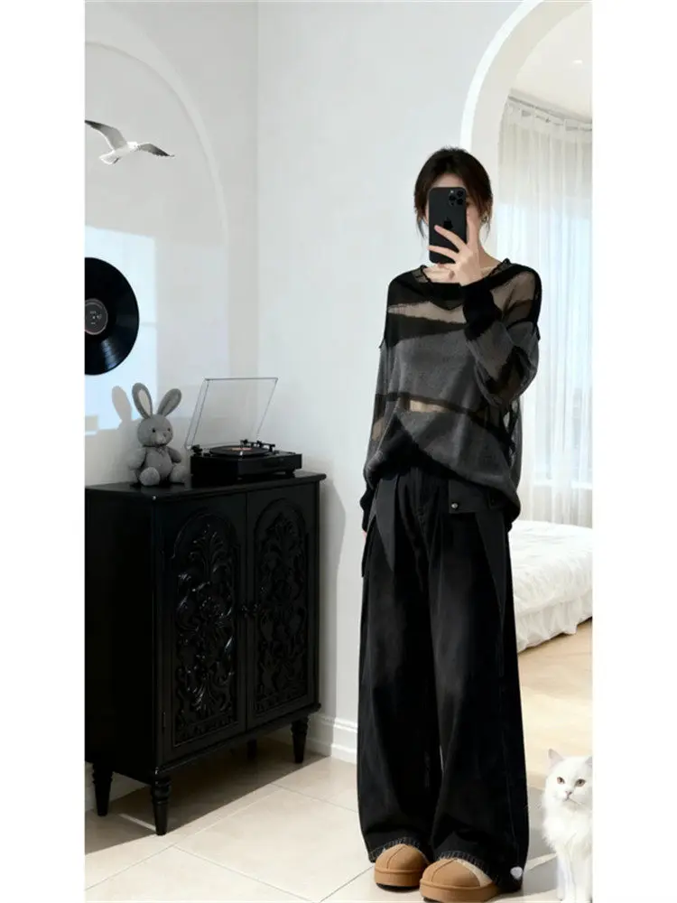 

Повседневный полосатый трикотажный джемпер Laid-ba Sle свободного кроя, весенняя новинка, женский, модный, мягкий, средней плотности, с длинными рукавами, круглый вырез