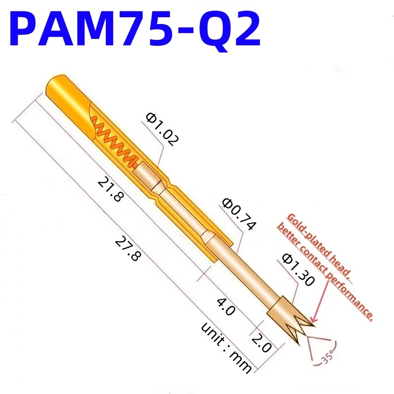 100PCS PAM75-Q2 Spring Test Probe Test Pin Pogo Pin PM75-Q2 PM75-Q ICT FCT PCB Test Tool 1.30/1.02/27.8mm Gold Needle Crown Tip