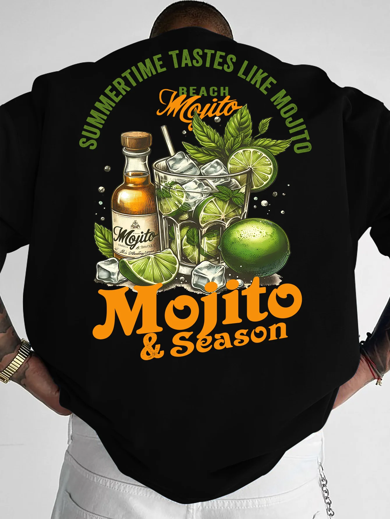 Summer Beach Theme Men Drop Shoulder T‑Shirt Retro Mojito Cocktail Text Back Print Oversized Streetwear Short Sleeve Tops