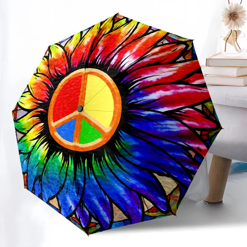 Hippie Peace Symbol Umbrella Automatic Open/close, Sturdy Iron Frame & 8-Rib Structure, Umbrella for Women & Men, Christmas Gift