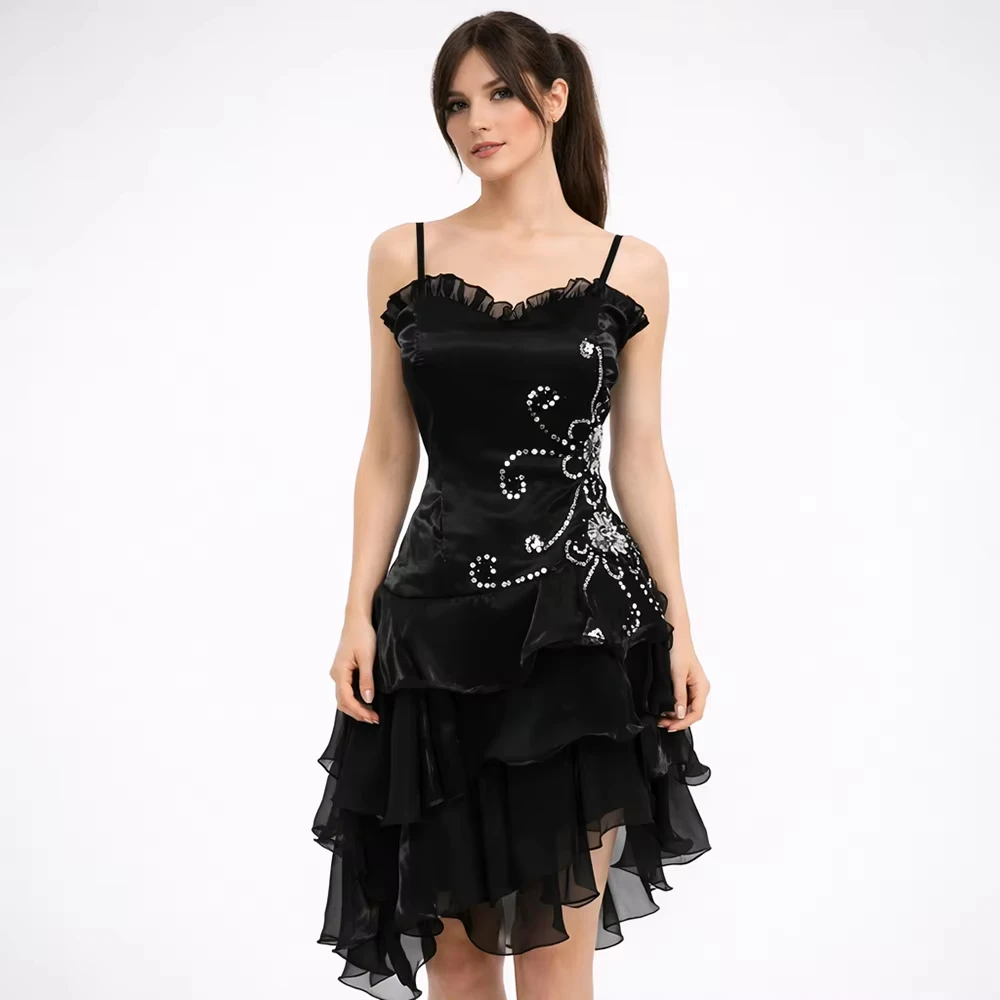 Sexy Evening Dress Sleeveless Short Cocktal Dress Beading Tiered Organza Graduation Party Gown Women's Night Gala Dress