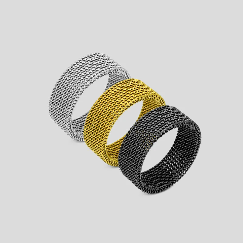 Shuangshuo Minimalist Fashion Elastic Mesh Stainless Steel Ring Retro Circle Woven Mesh Rings for Women Men Friendship Gift