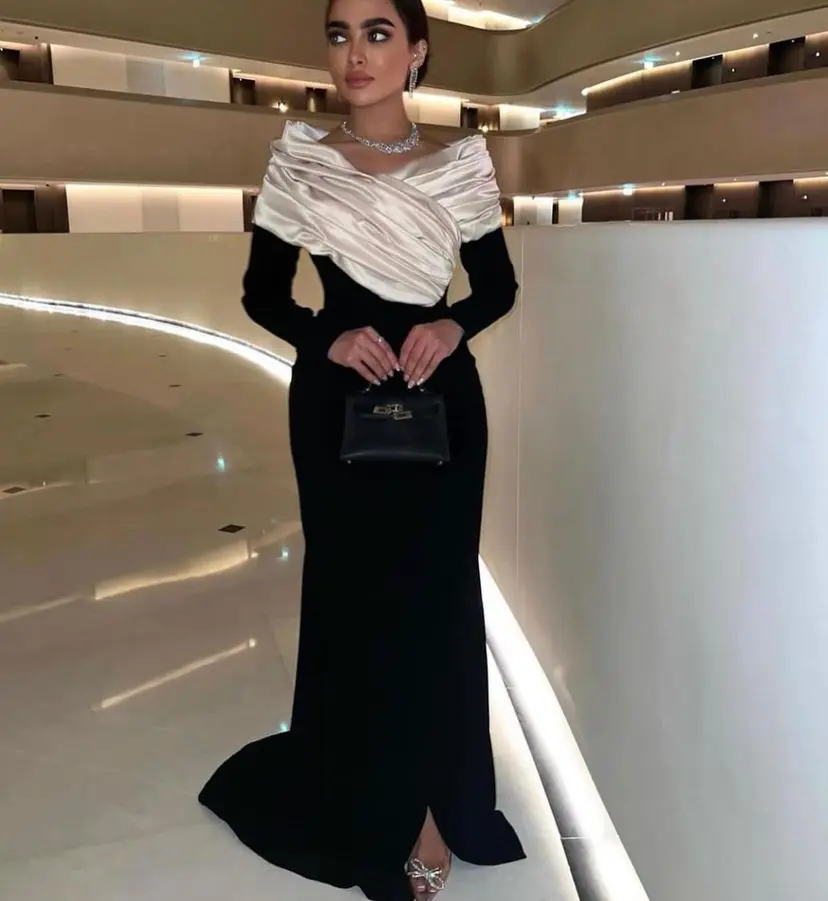 Fashionvane Customized Vestidos Evening Dresses Ruched V Neck Long Sleeves Prom Party Saudi Arabia Birthday Special Gowns