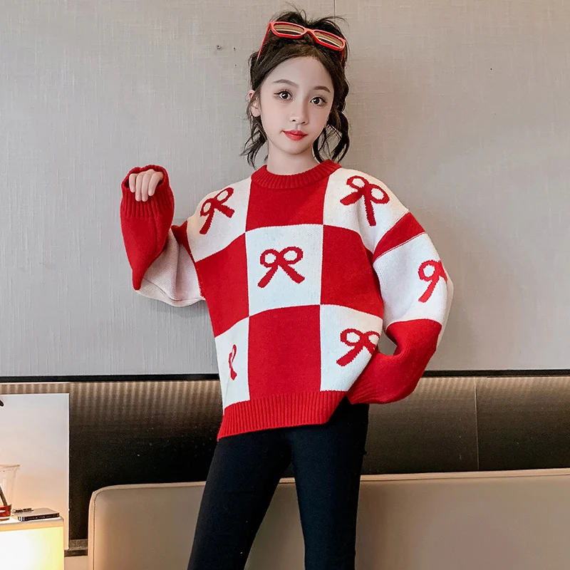 أنيقة الأطفال ربيع الخريف الأحمر منقوشة سترة مع الانحناء للفتيات تصميم الأزياء تريكو ملابس الاطفال عارضة تريكو 4-14Y