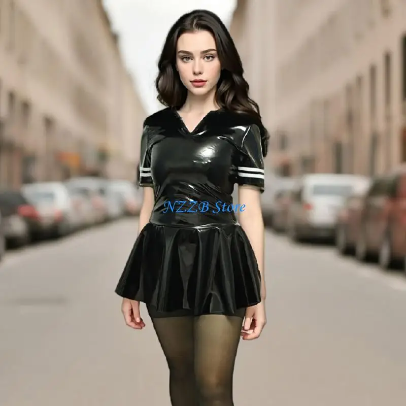 T21F Women Faux Leather Bodycon Mini Dress Latex Short Sleeve Pleated A Line Dress Clubwears for Cosplay