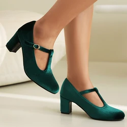 2024 Spring New Round Toe Velvet T-strap Buckle Mary Jane Shoes Women Retro Solid Block High Heels Pumps Lady Dress Shoes 43 44