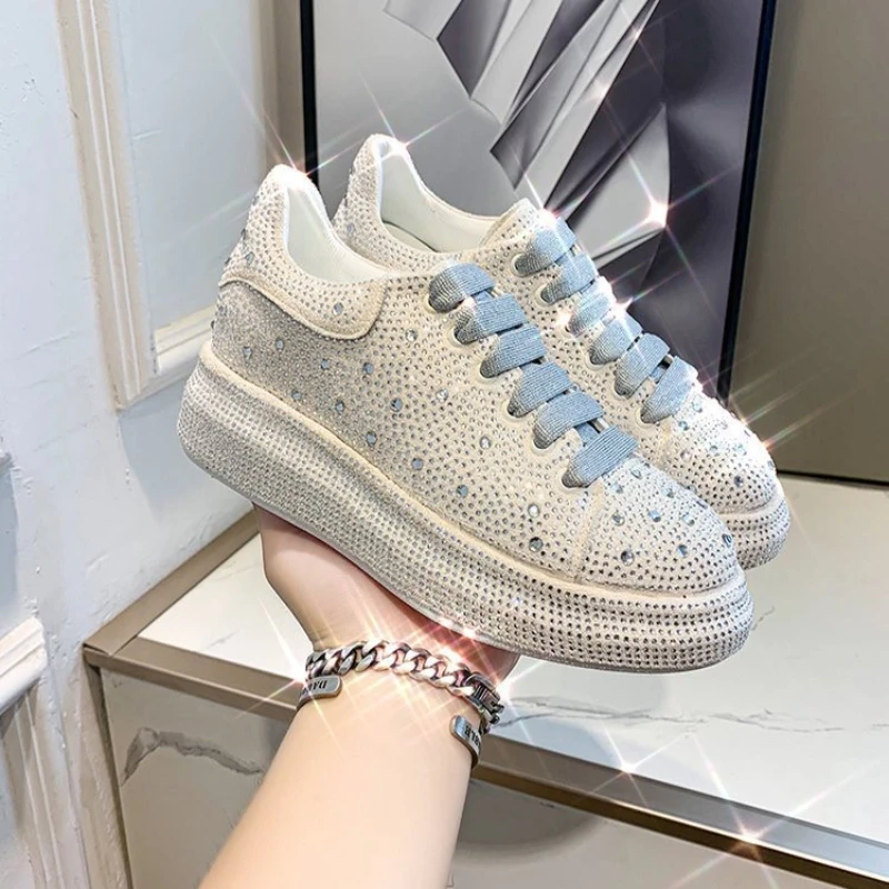 Autumn Spring Women Platform Shoes Rhinestones Thick-soled White Silver Shoes Shining Crystal Sneakers Trend Casual Sneakers