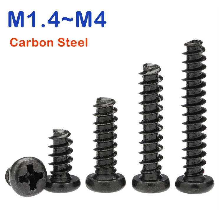 M1.4 M1.7 M2 M2.3 M2.6 M3 3.5 M4 Black Round Head Self tapping Flat Tail Screw Cross Round Head Flat Tail Self Tapping Screw