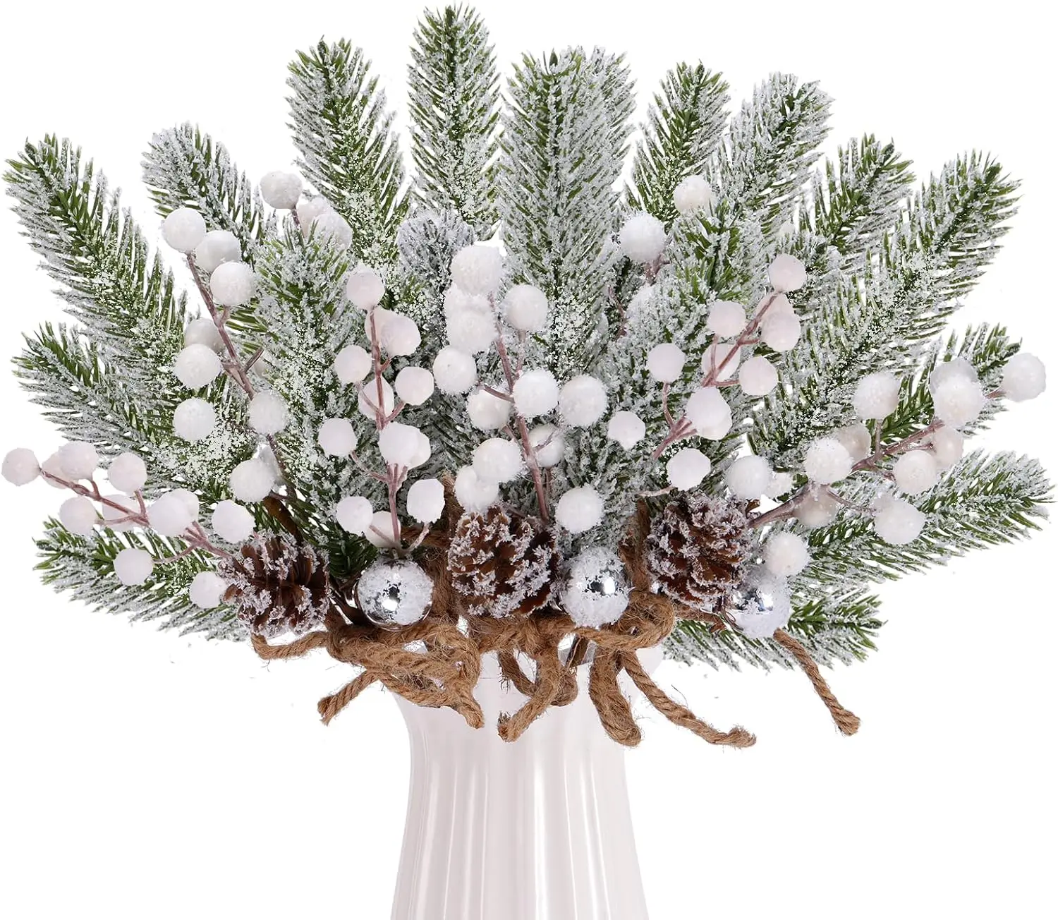 

6 упаковок белых матовых ягод из сосны 14 футов для рождественской елки, венка, вазы — искусственная сосна с шишками, зимний праздничный декор