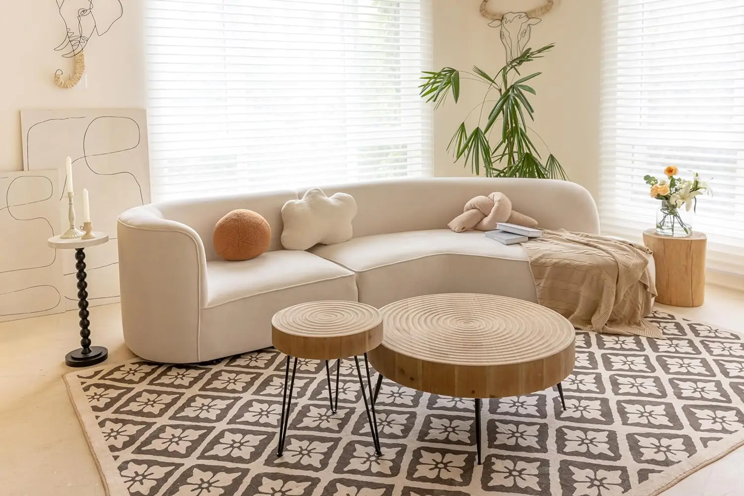 Juego de mesa de centro moderna para sala de estar, mesa de anidación con acabado Natural redondo con motivo de anillo de madera artesanal, 2 piezas