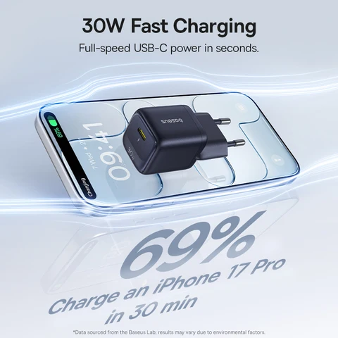 Зарядное устройство Baseus 30W USB-C с быстрой зарядкой PD3.0 QC3.0 PPS для iPhone 17 16 15 1 Pro Max, iPad, Xiaomi, быстрое зарядное устройство GaN
