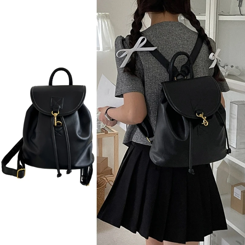 Korean Women PU Leather School Bag Student Girls Large Capacity Drawstring Laptop Backpack Youth Travel Casual Rucksack Bookbag