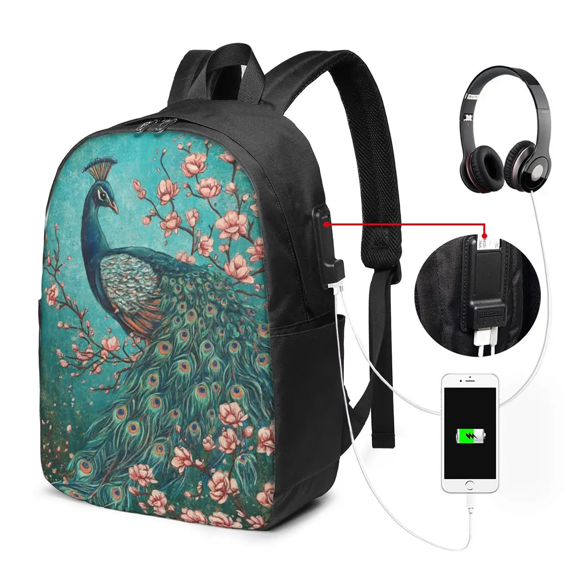 

Peacock Rests On Floral Branch Backpack Travel Notebook Bag Computer College Student School Bag Laptop Shoulder Bags Men Women