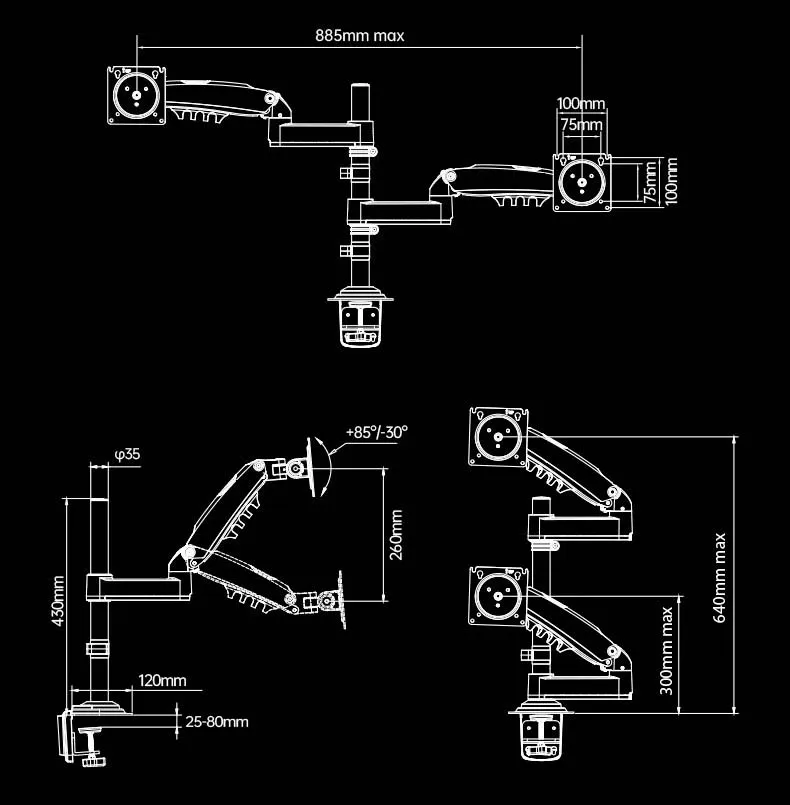 D-MOUNT K180 Full Motion 17 "-27" Double Monitor PC โต๊ะแก๊สฤดูใบไม้ผลิแขน LCD TV Mount 2-9 กก.100X100