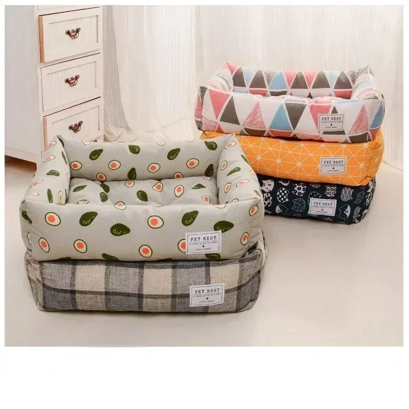 Plaid Printing Soft Removable&Washable Dog Bed Fabric Skin-Friendly Cotton&Linen Breathable Pet Sofa Square Cat Litte Dog Bed