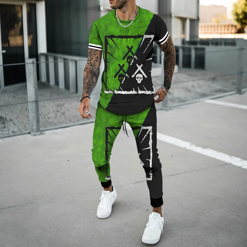 Men's Smile Printed Oversized Tracksuit Two Pieces Sets Men Casual Fitness Sport Suit Short Sleeve T Shirt+Trousers Men's Casual