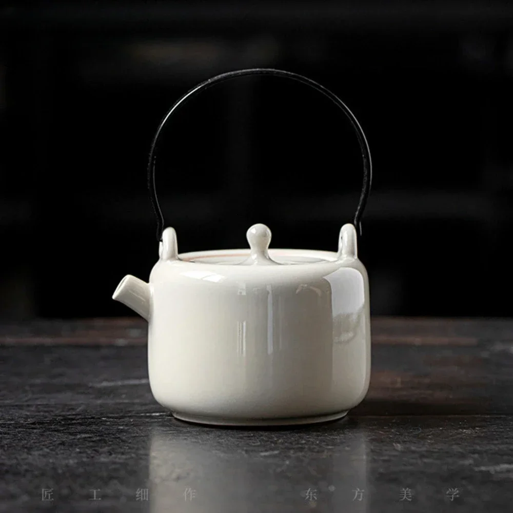 250ml Retro Grass Wood Ash Ceramic Teapot Handmade Hoop Handle Beam Pot Tea Soaking Kettle Drinkware Accessories Collection Gift image 6