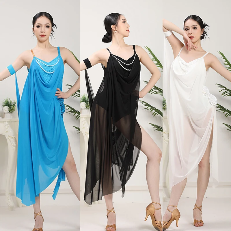 

Summer Latin Dresses Women Sleeveless Mesh Dancing Dress For Performance Adult Dancer Training Clothes Blue White Black VDL3809