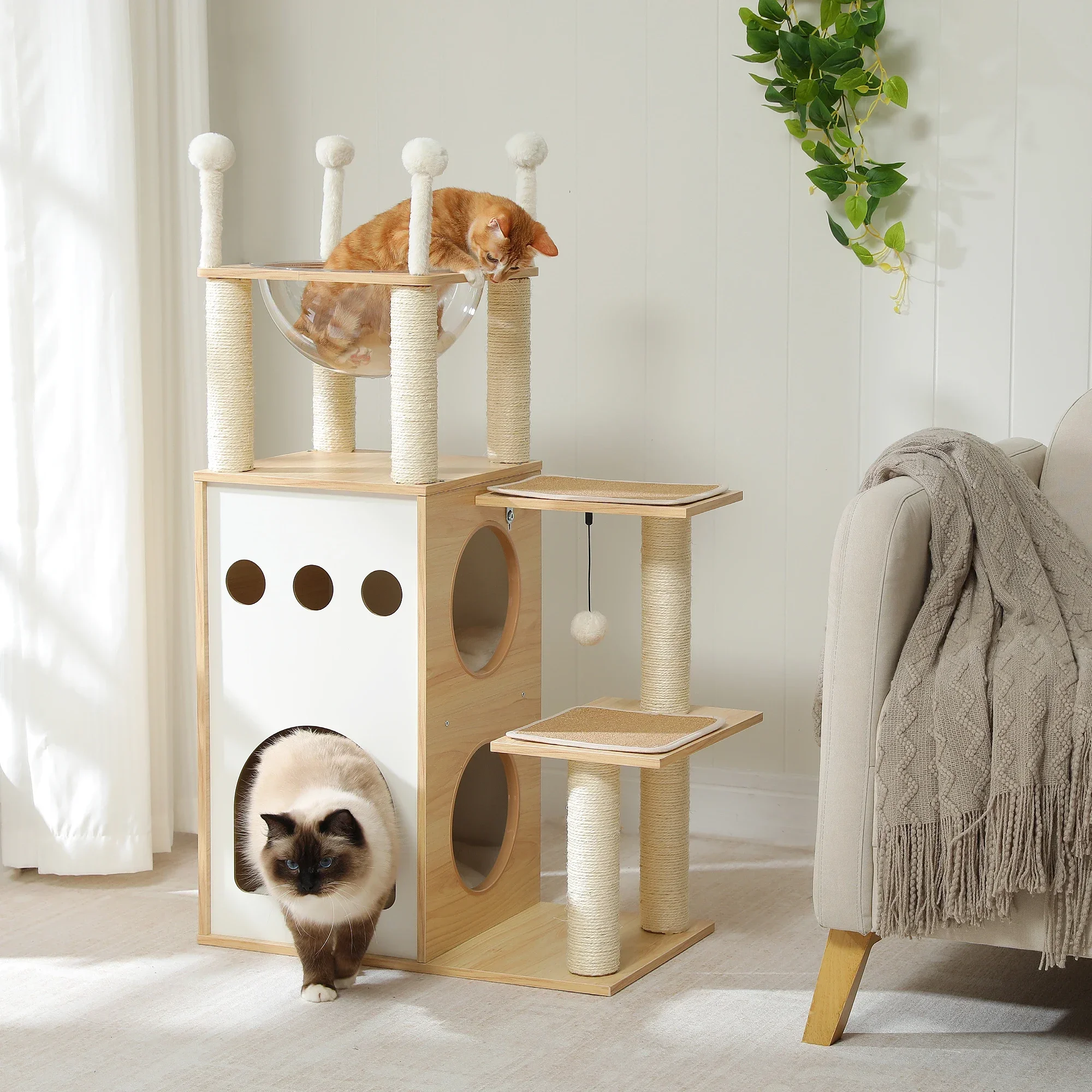 

%a Modern Cat Tree Wooden Cat Tower with 2-Floor Condo Furniture with Scratching Posts Capsule Nest and Dangling Balls