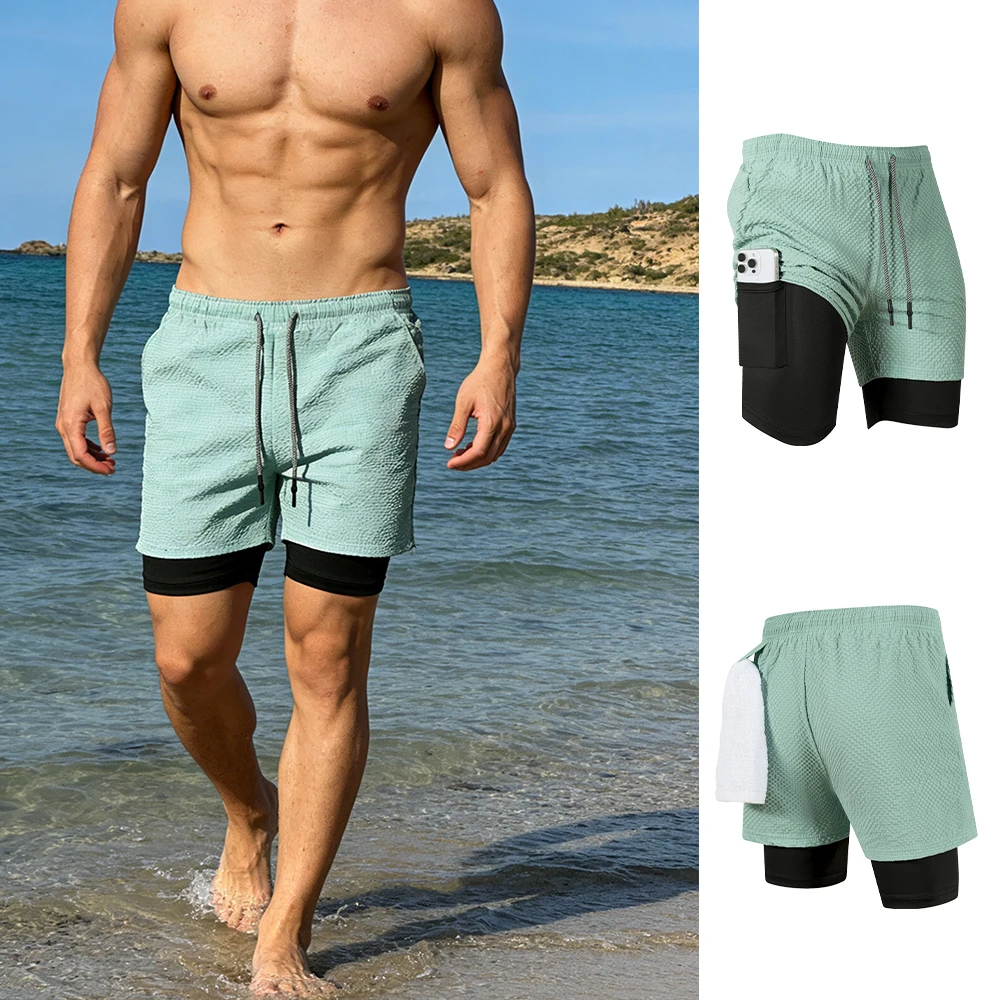 

Men's 2 In 1 Beach Shorts Summer New Style Casual Swimming Surfing Swim Trunks Daily Fitness Running Training Drawstring Shorts