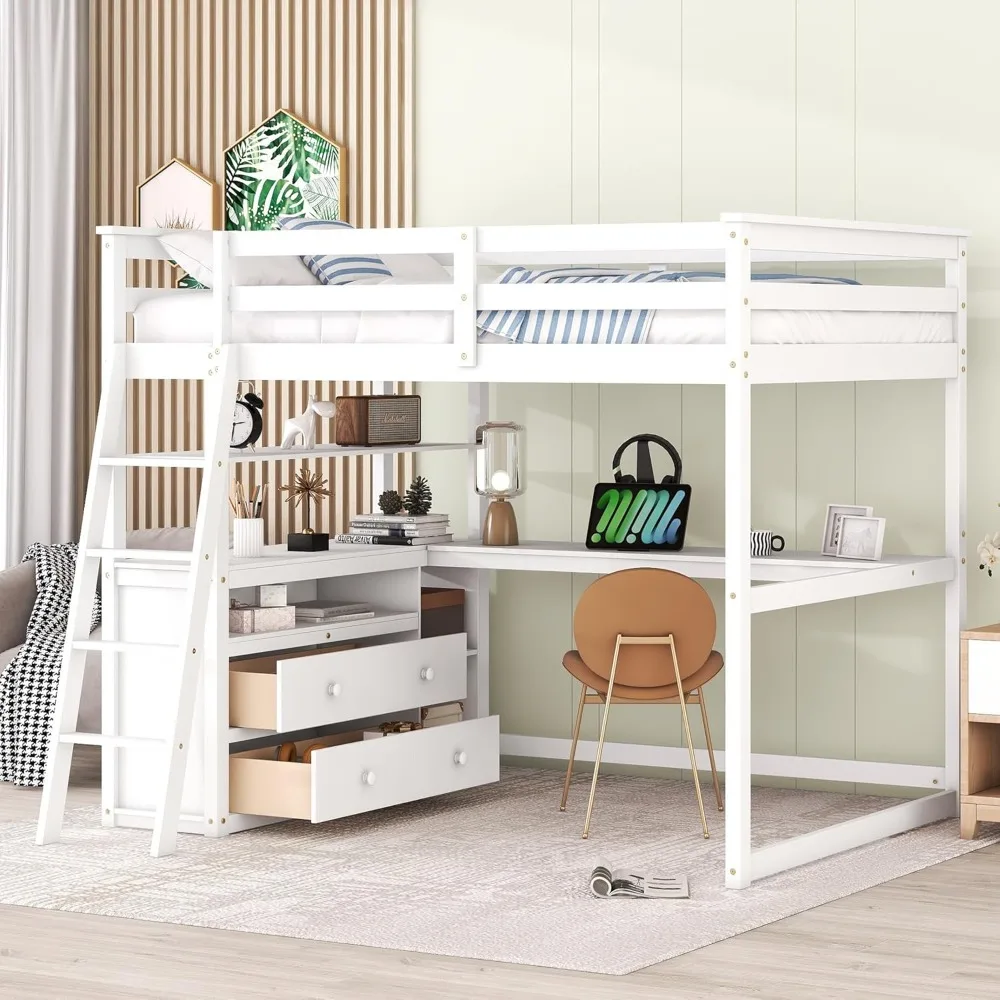 

Full Size Loft Bed with Desk and Shelves, Wooden Loft Bed Frame with Two Storage Drawers, No Box Spring Needed (White)