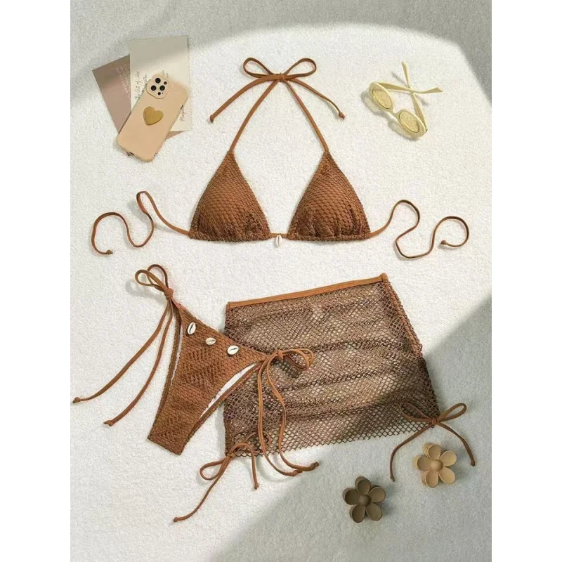 

New Style Bikini Halter Neck Beach Hollow Sexy Swimsuit Three-Piece Set