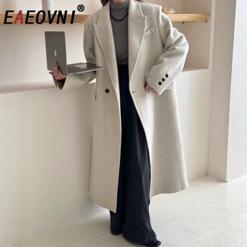 

EAEOVNI офисная женская однотонная длинная куртка, женская шерстяная теплая модная куртка с зубчатым воротником и пуговицами, осень-зима 2021, новая одежда