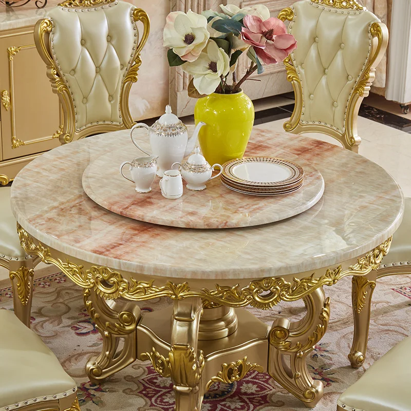 European marble dining table and chairs combination gold all solid wood 1 table 6 chairs restaurant home round table luxury high