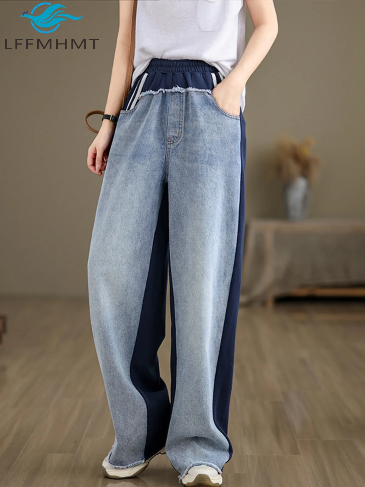 Creative Vintage Design Contrast Color Patchwork Women Denim Pants Summer Fashion Elastic Waist Wide Leg Soft Cozy Jeans Female