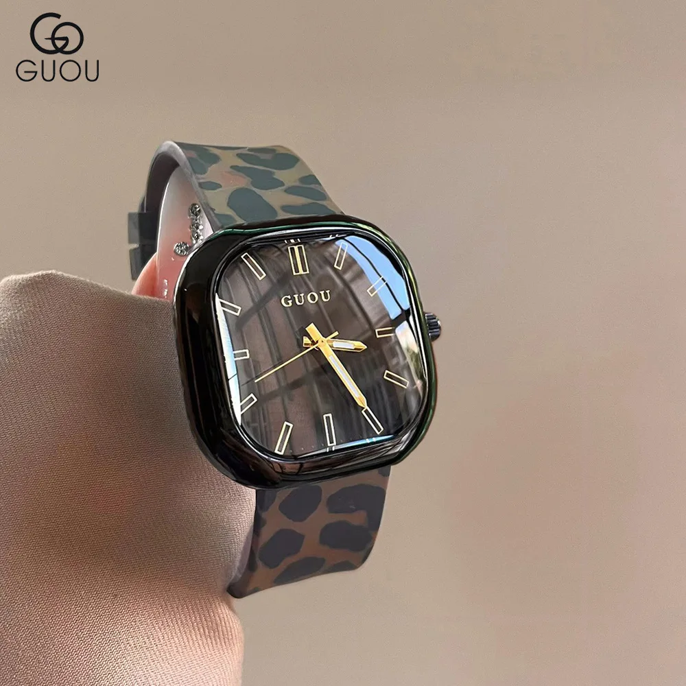 

New large dial women's silicone mocha brown leopard print watch, leopard print wristwatch, fashionable quartz watch.