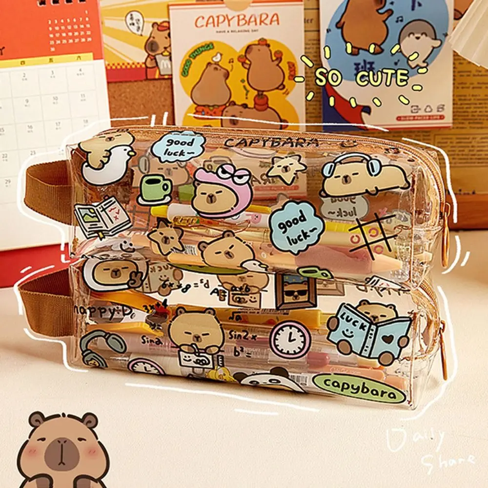 Kawaii Capybara Pen Bag Cartoon High Appearance Transparent Pencil Case Large Capacity Waterproof Stationery Storage Pouch Girls