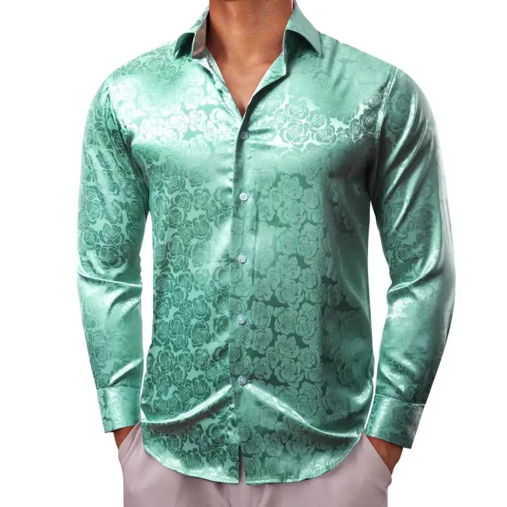 Luxury Shirts for Men Silk Satin Green Flower Long Sleeve Slim Fit Male Blouses Trun Down Collar Tops Breathable Clothing