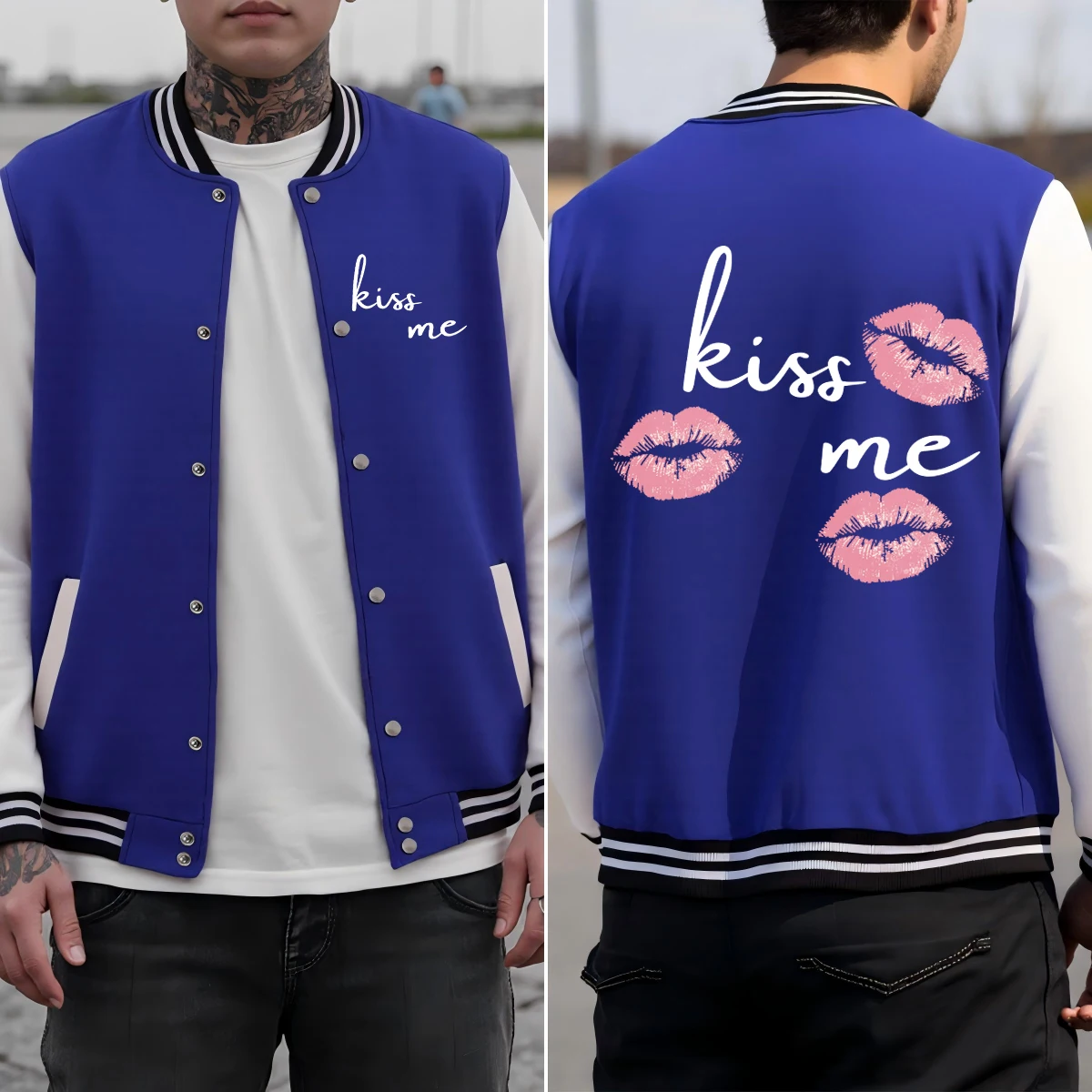 

Kiss Me Red Lips Printing Baseball Uniform Men Colorful Loose Streetwear Autumn Cotton Clothing American Hip Hop Jackets